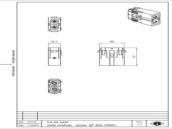 male insert, MIXO, 1MU, 2p, silver, axial screw connection, 40A, 1000V