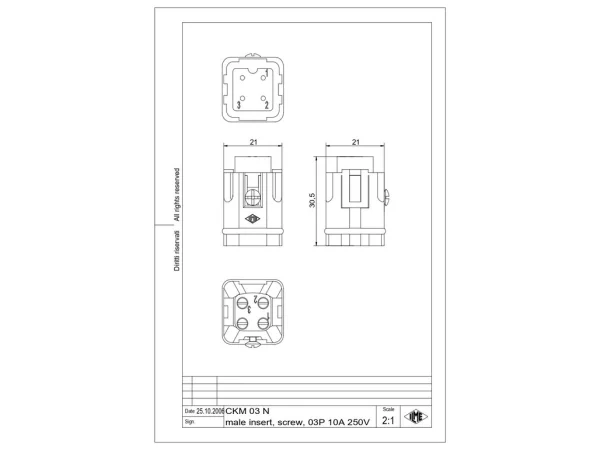 male insert, size 21.21, 3p+PE, silver, screw, 10A, 230/400V, black