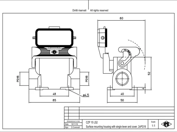 surface mounting housing, size 49.16, IL-BRID alu, 1 lever, 2xPG16 side, cov.