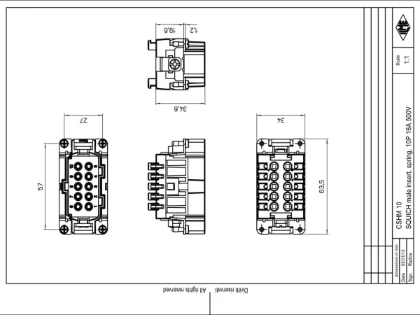 male insert, size 57.27, 10p+PE, silver, SQUICH, 16A, 500V