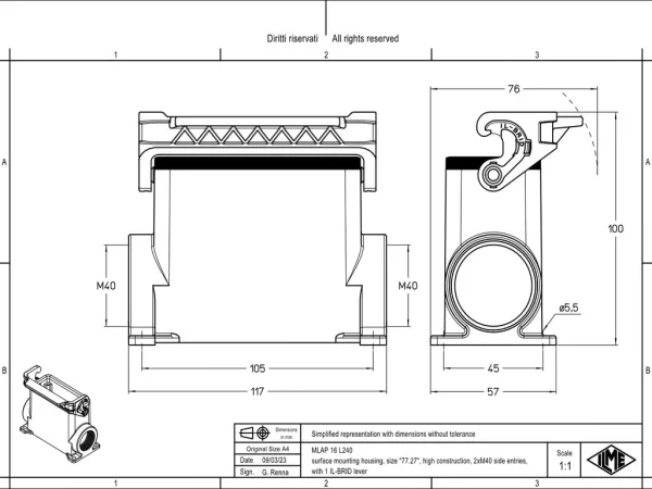 surface mounting housing, size 77.27, IL-BRID stainless steel, 1 lever, 2xM40 side