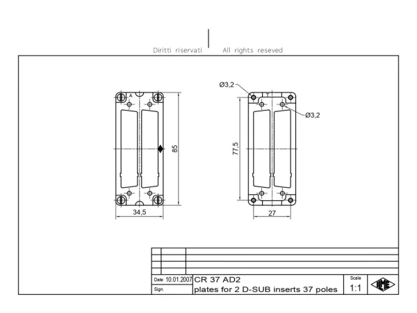 adapter plate, size 77.27, for 2xD-SUB 37p+GND