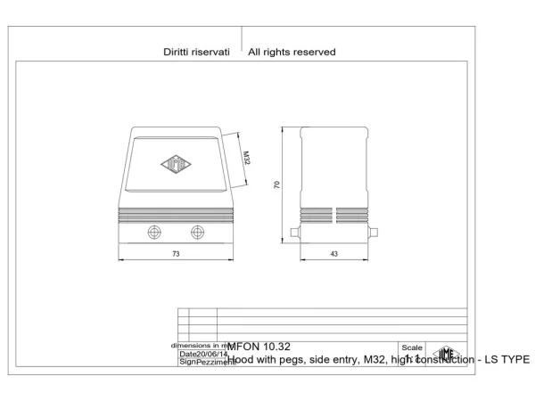 hood, high, size 57.27, LS-type alu, 4 pegs, 1xM32 side, no adaptor