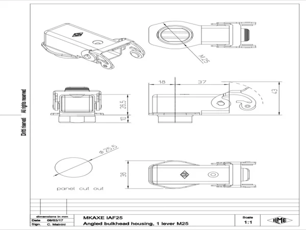 bulkhead mounting housing, angled, size 21.21, E-Xtreme alu, 1 lever stainless steel, 1xM25 external