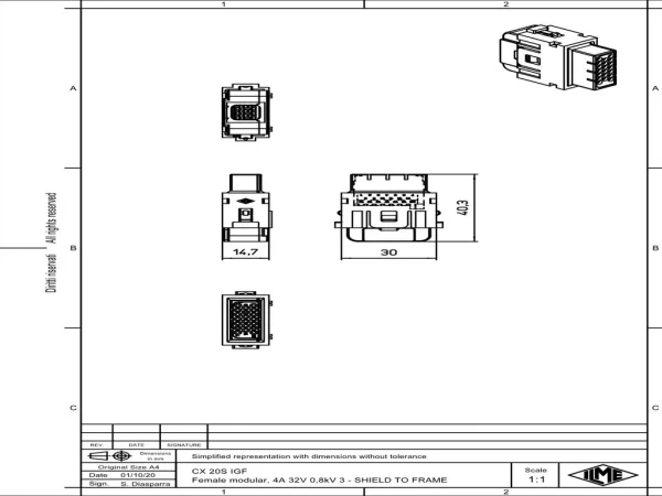 female insert, MIXO, 1MU, 20p, crimp, 4A, 32V, with contact to PE