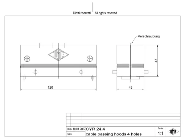 passing hood, size 104.27, alu, 4 pegs, for 4 data cable 5,0-13,5mm