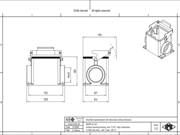 surface mounting housing, size 77.62, 180 °C alu, 1 lever, 1xM40 side