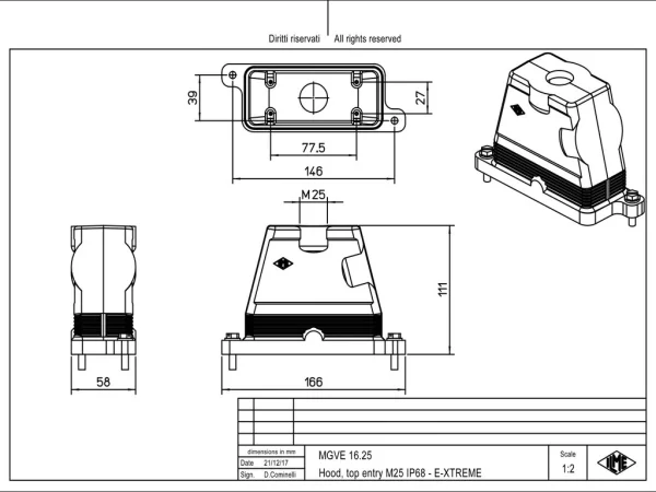 hood, size 77.27, IP68 E-Xtreme alu, screw locking, 1xM25 top