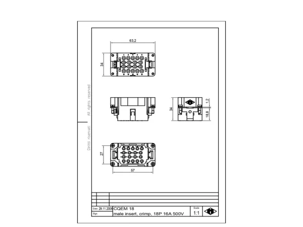 male insert, size 57.27, 18p+PE, crimp, 16A, 500V