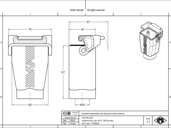 hood, high, size 44.27, T-TYPE /H plastic, 1 lever, 1xM25 top