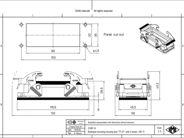 bulkhead mounting housing, size 77.27, 180 °C alu, 2 levers