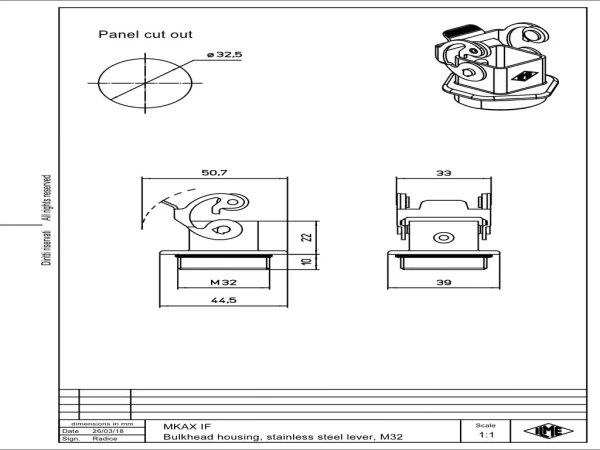 bulkhead mounting housing, size 21.21, CKA zinc, 1 lever stainless steel, 1xM32 external