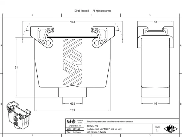 hood, high, size 104.27, T-TYPE /W plastic, 2 levers, 1xM32 top