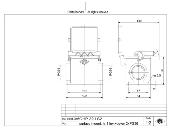 surface mounting housing, size 77.62, C-TYPE alu, 1 lever, 2xPG36 side, cov.