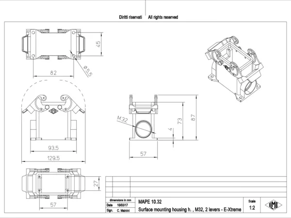 surface mounting housing, high, size 57.27, E-Xtreme alu, 2 levers, 1xM32 side