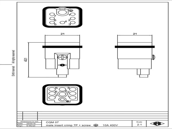 male insert, size 21.21, 7p+PE, crimp, 10A, 400V