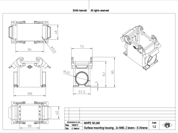 surface mounting housing, size 66.40, E-Xtreme alu, 2 levers, 2xM40 side