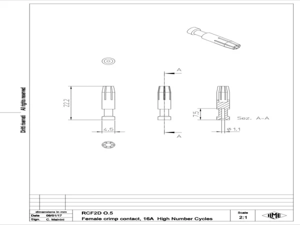 female contact, 0,5mm², gold HNM, crimp, 16A, series CC
