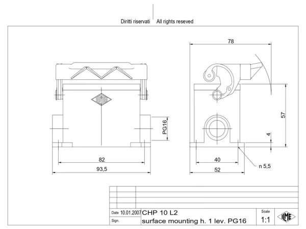 surface mounting housing, size 57.27, C-TYPE alu, 1 lever, 2xPG16 side