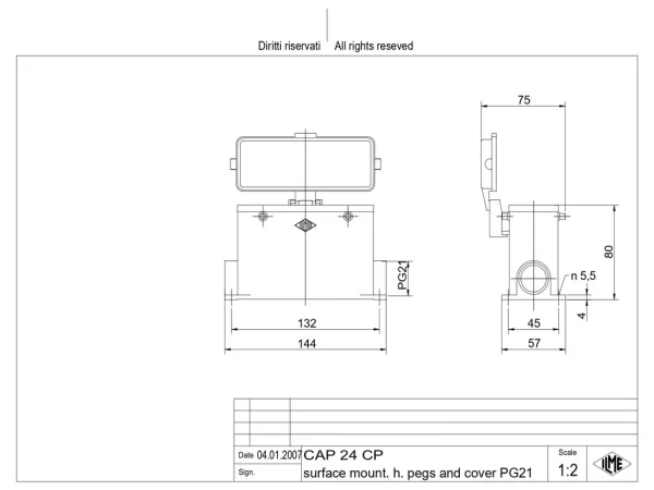 surface mounting housing, high, size 104.27, C-TYPE alu, 4 pegs, 1xPG21 side, cov.
