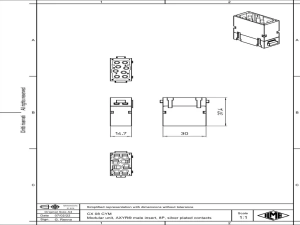 male insert, MIXO, 1 MU, 8p, silver, AXYR® push-in connection, 16A, 400V