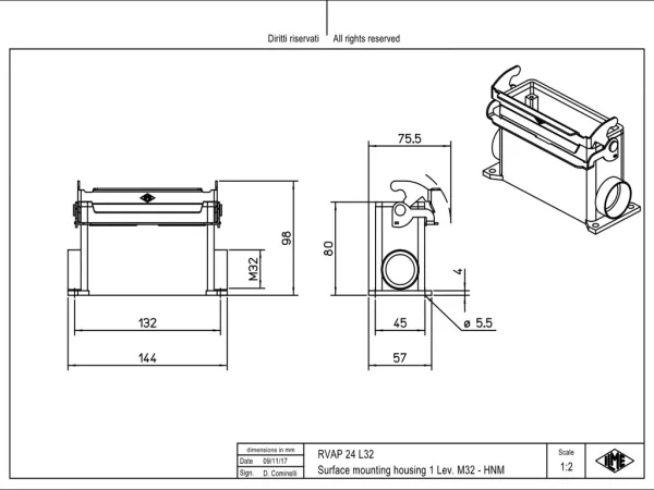 surface mounting housing, high, size 104.27, HNM alu, 1 lever, 1xM32 side