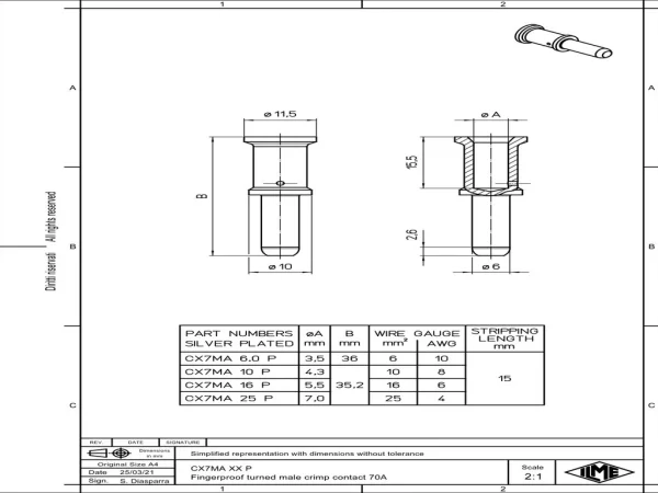 male contact, 16mm², silver, crimp, 70A, series CX7, IP2X IPXXB, for modul CX 02 7M
