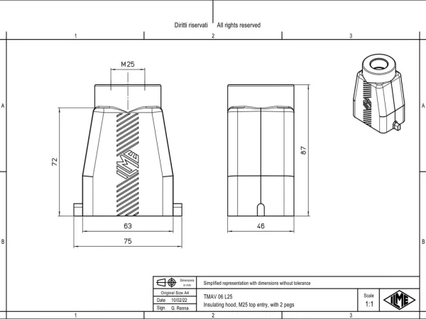 hood, high, size 44.27, T-TYPE plastic, 2 pegs, 1xM25 top