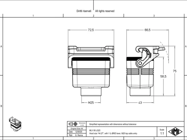 hood, size 44.27, IL-BRID stainless steel, 1 lever, 1xM25 top
