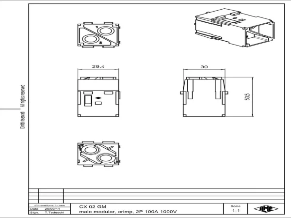 male insert, MIXO, 2MU, 2p, crimp, 100A, 1000V, no.1-2