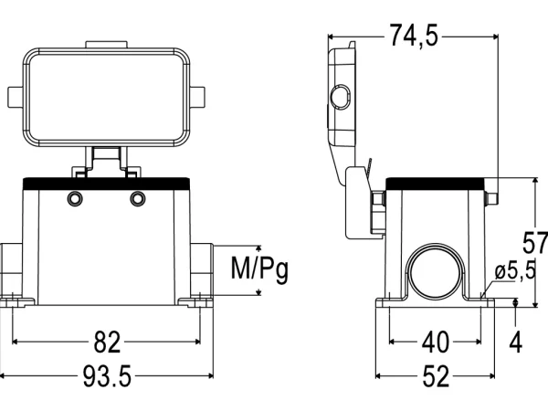 surface mounting housing, size 57.27, C-TYPE alu, 4 pegs, 1xM20 side, cover metal