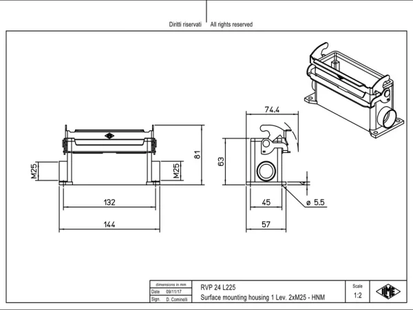 surface mounting housing, size 104.27, HNM alu, 1 lever, 2xM25 side