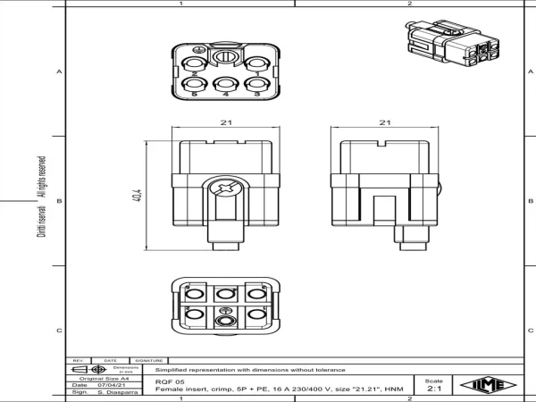 female insert, size 21.21, 5p+PE, crimp, 16A, 230/400V, HNM