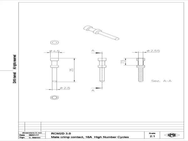 male contact, 3,0mm², gold HNM, crimp, 16A, series CC