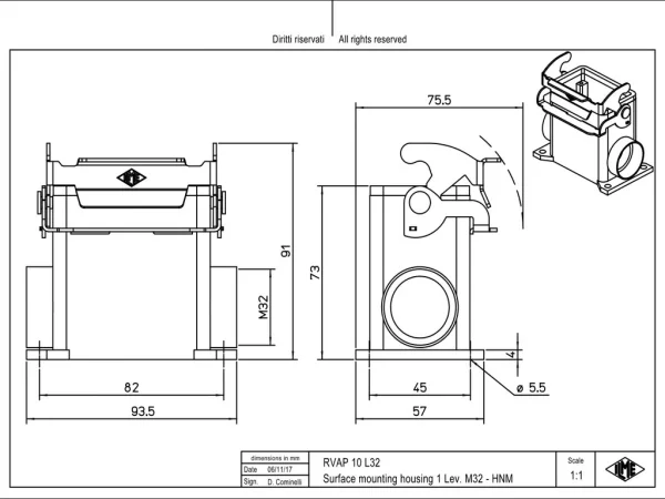 surface mounting housing, high, size 57.27, HNM alu, 1 lever, 1xM32 side