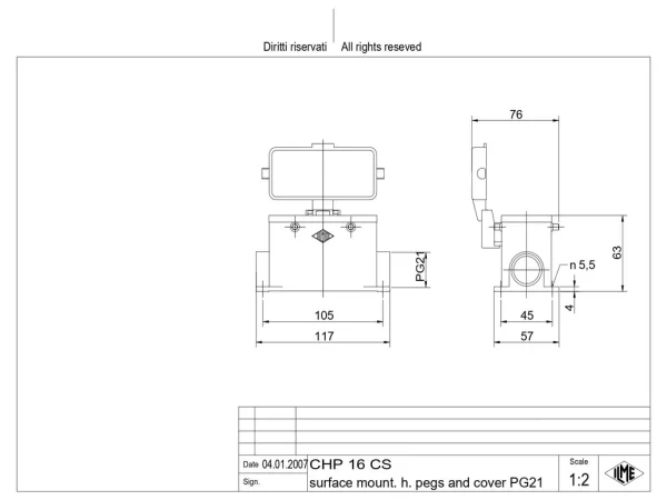 surface mounting housing, size 77.27, C-TYPE alu, 4 pegs, 1xPG21 side, cov.