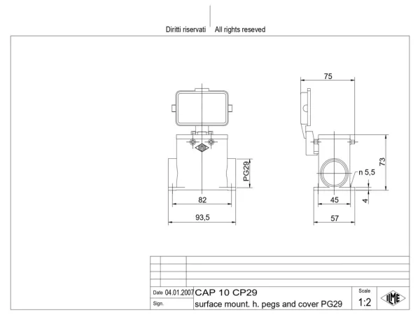 surface mounting housing, high, size 57.27, C-TYPE alu, 4 pegs, 1xPG29 side, cov.