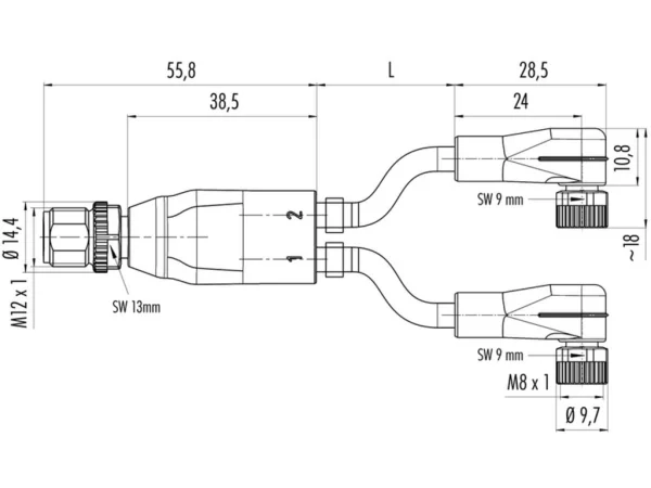 Duo male connector M12x1 - 2 female angled connectors M8x1