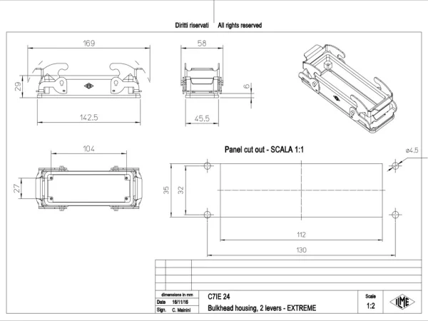 bulkhead mounting housing, size 104.27, E-Xtreme alu, 2 levers