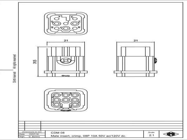 male insert, size 21.21, 8p, crimp, 10A, 50V