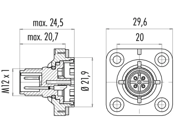 Square male panel mount connector