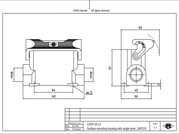 surface mounting housing, high, size 66.16, IL-BRID alu, 1 lever, 2xPG16 side