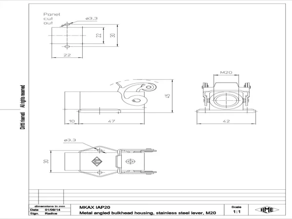bulkhead mounting housing, angled, size 21.21, CKA zinc, 1 lever stainless steel, 1xM20 side