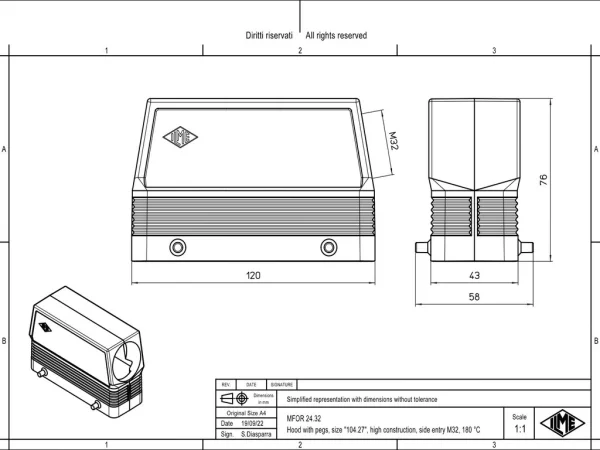 hood, size 104.27, 180 °C alu, 4 pegs, 1xM32 side