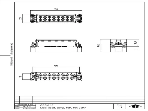 male insert, size 66.16, 16p+PE, crimp, 16A, 250V