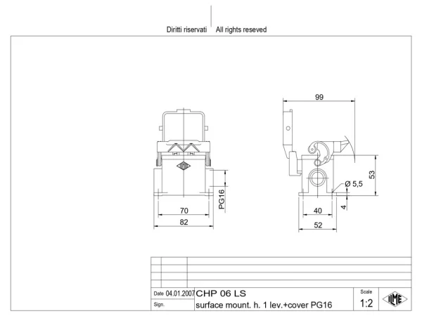 surface mounting housing, size 44.27, C-TYPE alu, 1 lever, 1xPG16 side, cov.