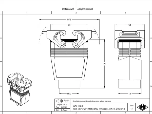 hood, size 57.27, IL-BRID stainless steel, 2 levers, 1xM40 top