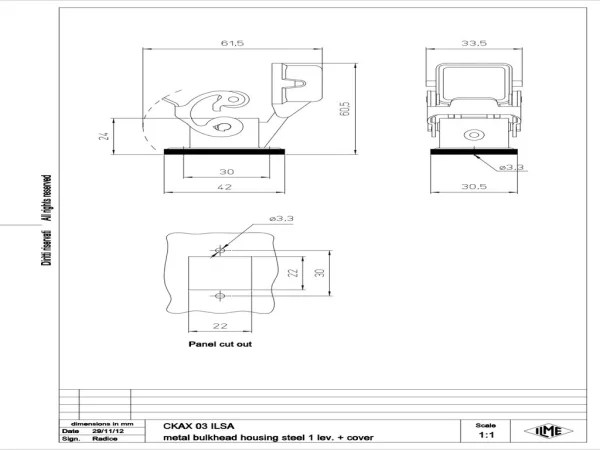 bulkhead mounting housing, size 21.21, CKA zinc, 1 lever stainless steel, spring cover, for male inserts
