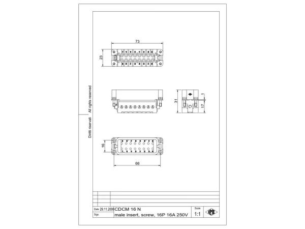male insert, 16p+PE, crimp, 16A, 250V, for size 66.40 no.17-32