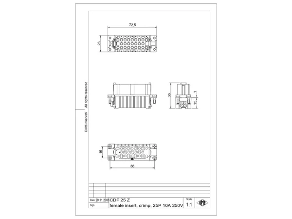 female insert, size 66.40, 25p+PE, crimp, 10A, 250V, marking Z